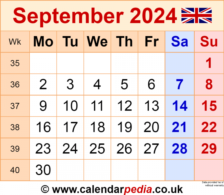 Calendar September  UK with Excel, Word and PDF templates