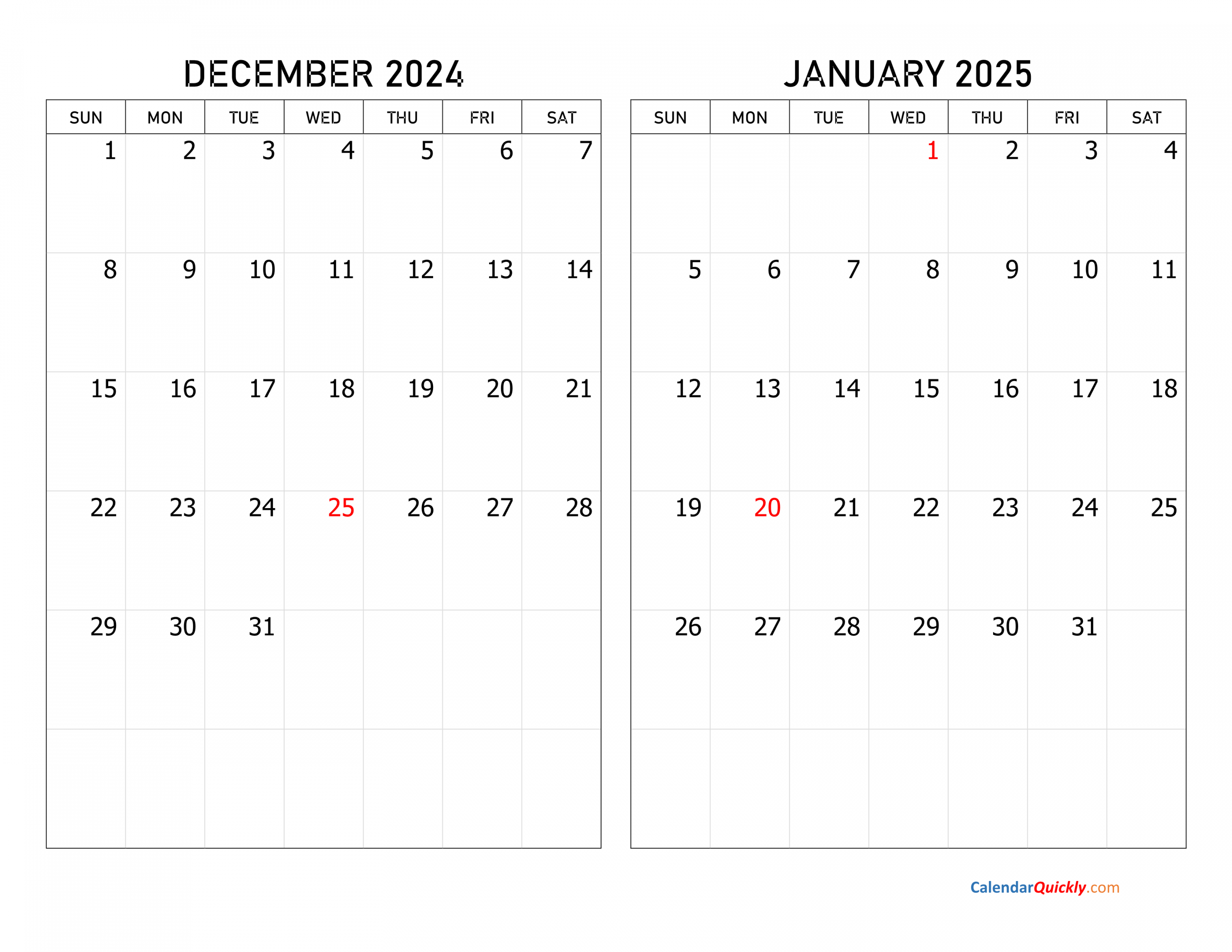 December  and January  Calendar  Calendar Quickly