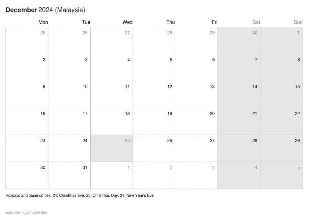 December  calendar - Malaysia