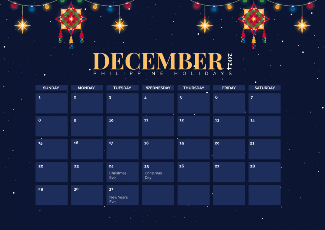 December  Calendar with Holidays Philippines Template - Edit
