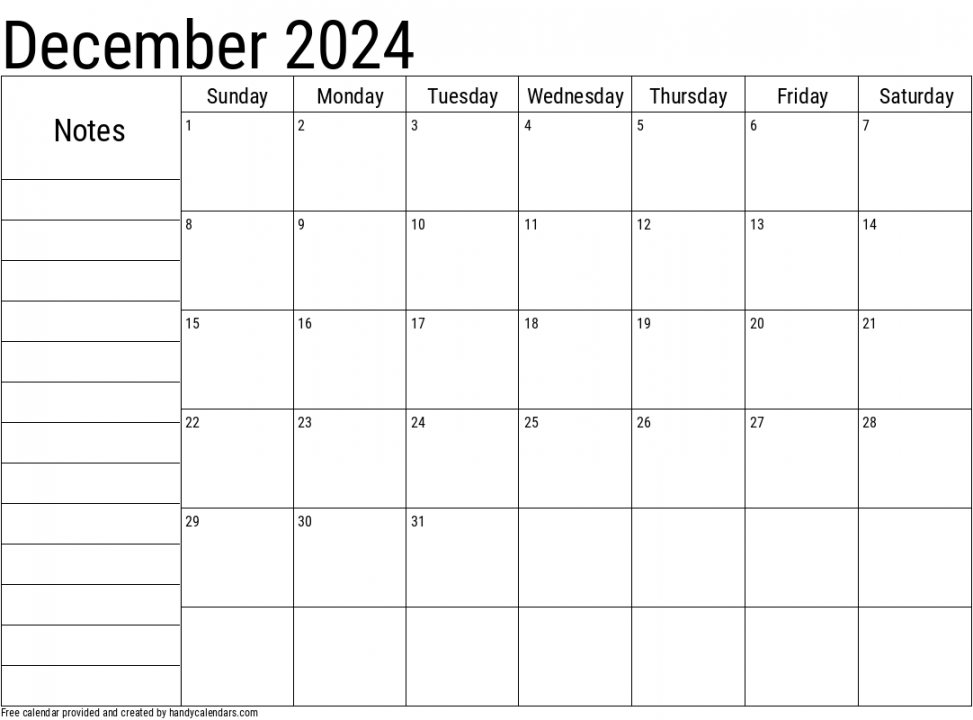 December  Calendar With Notes - Handy Calendars