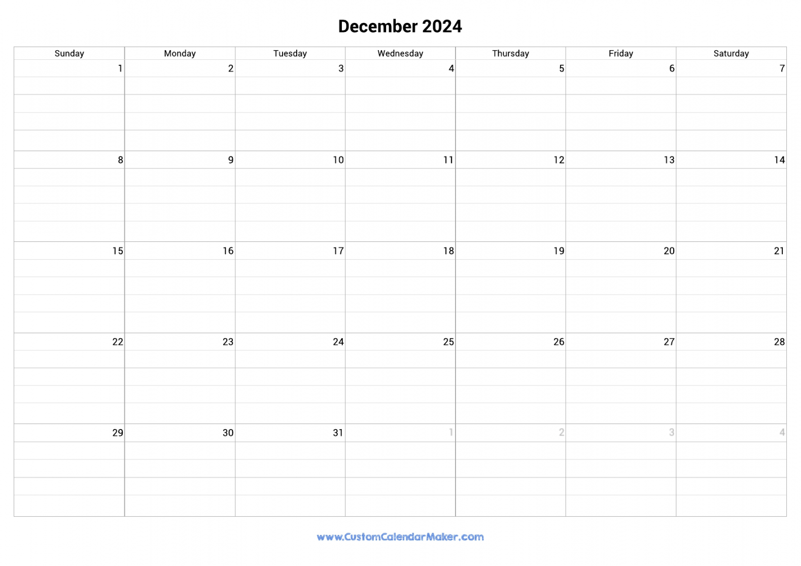 December  Fillable Calendar Grid With Lines