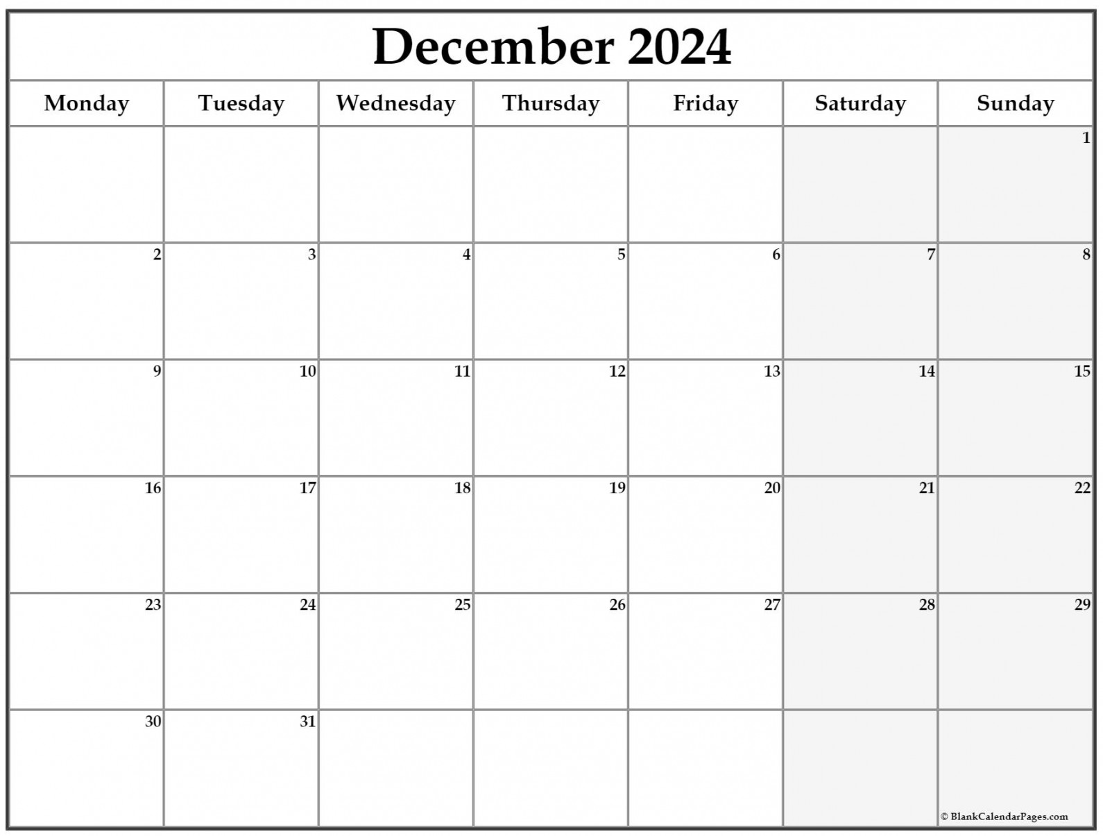 december monday calendar monday to sunday 2