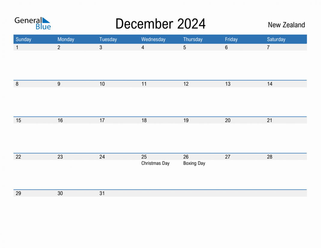 December  Monthly Calendar with New Zealand Holidays