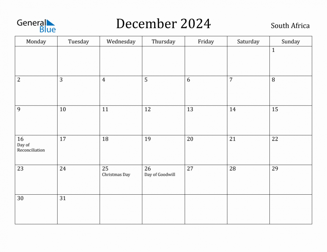december south africa monthly calendar with holidays