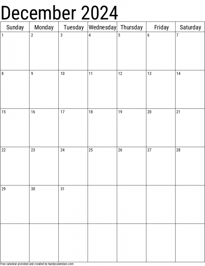 December  Vertical Calendar - Handy Calendars