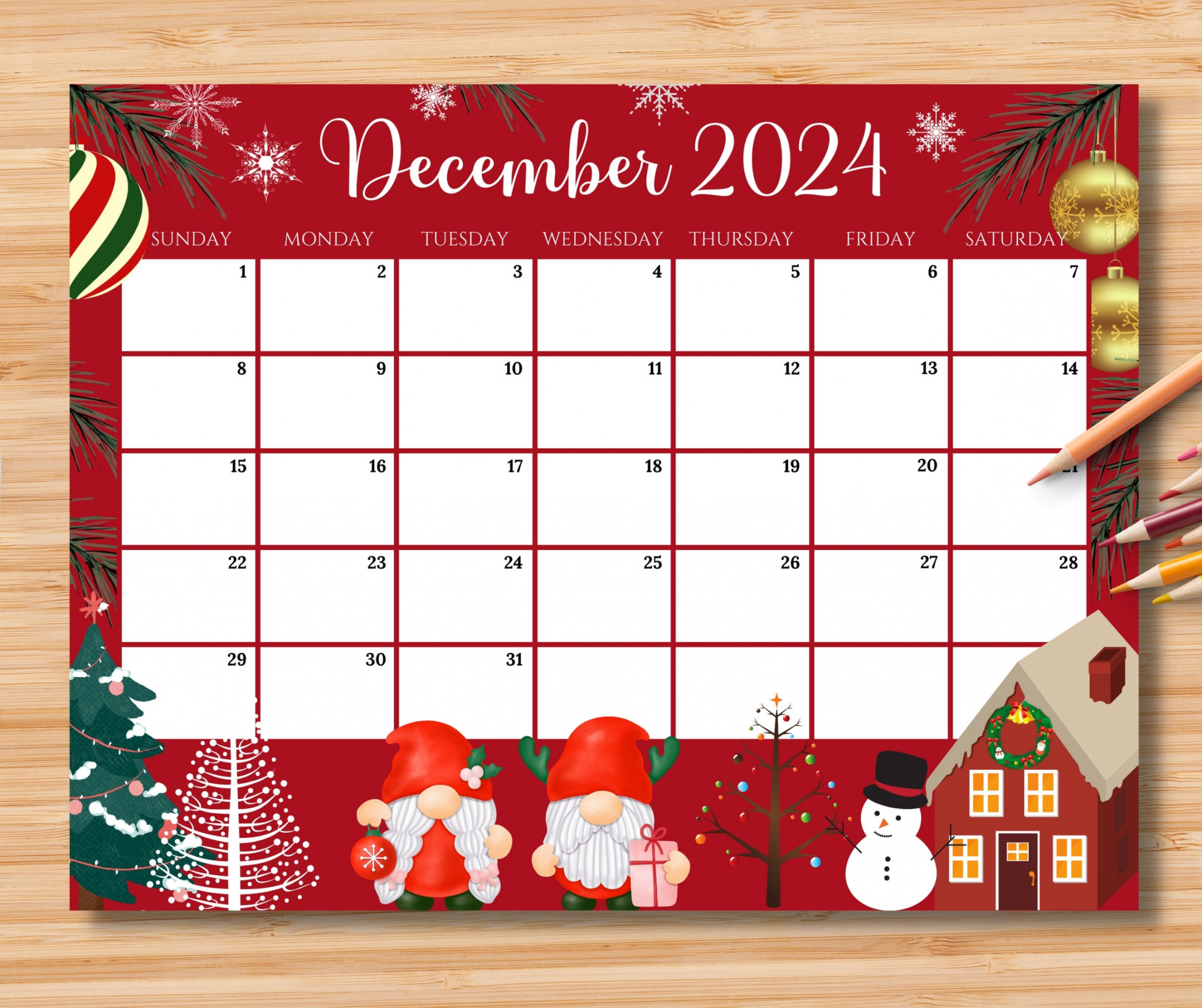 EDITABLE December  Calendar, Colorful Christmas With Cute