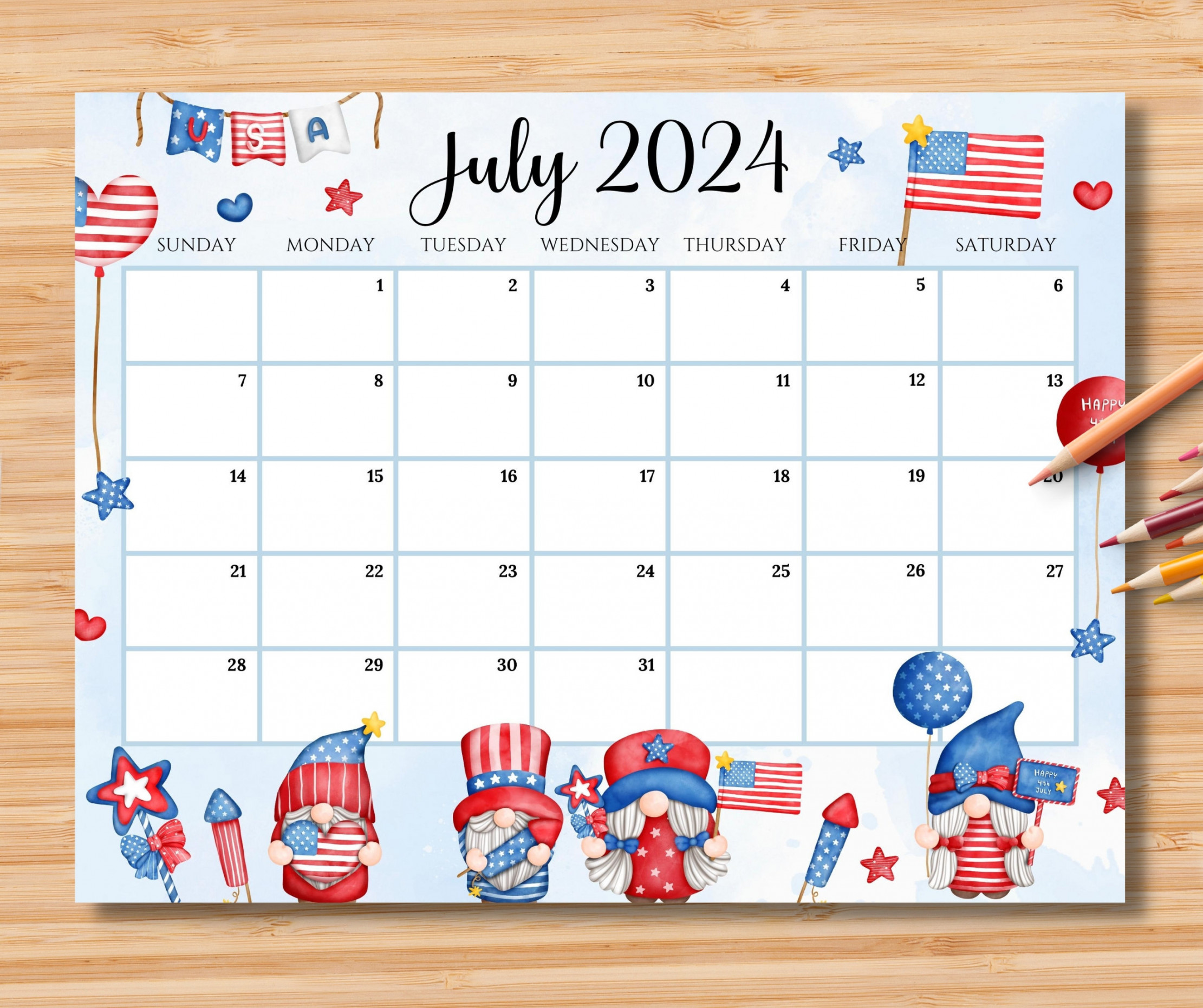 Editable July  Calendar, th July Independence Day With Cute