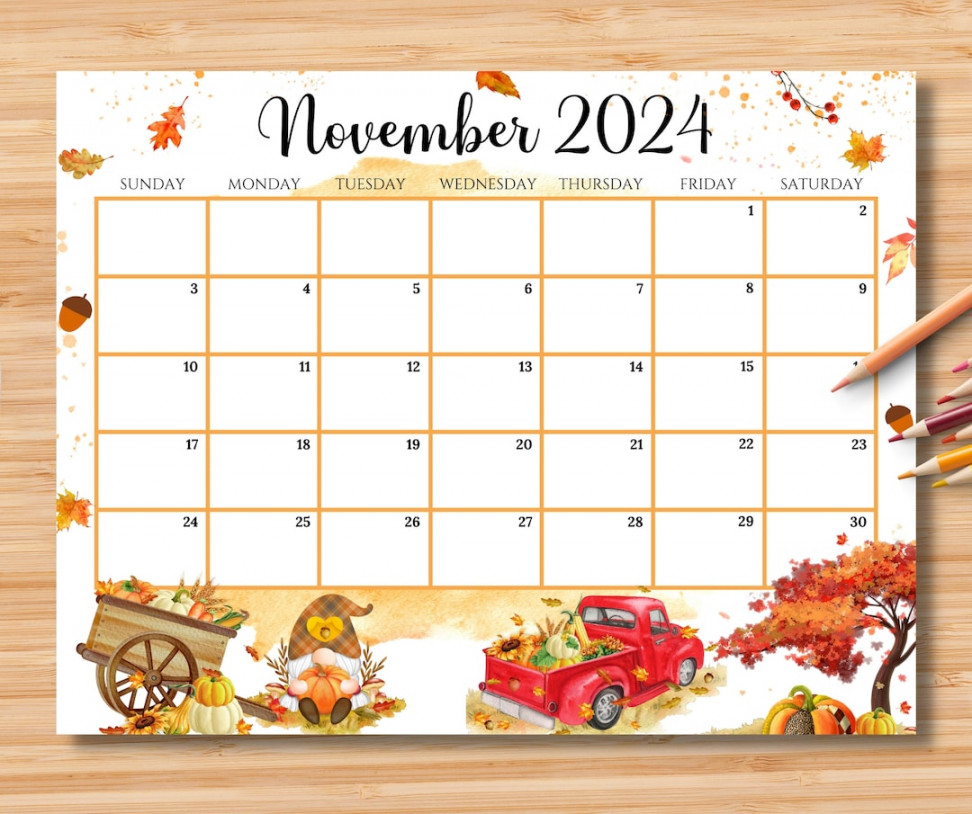 EDITABLE November  Calendar, Beautiful Fall Autumn W/ Pumpkins