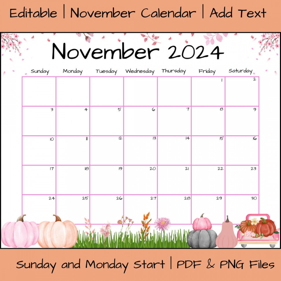 Editable November  Calendar, Pink Pumpkin Calendar, Editable