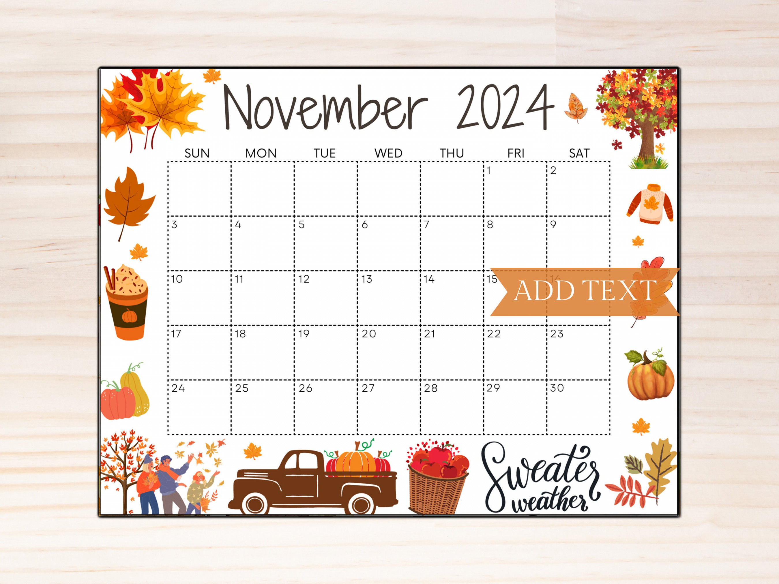 Editable November  Calendar, Printable Fall Calendar, Wall