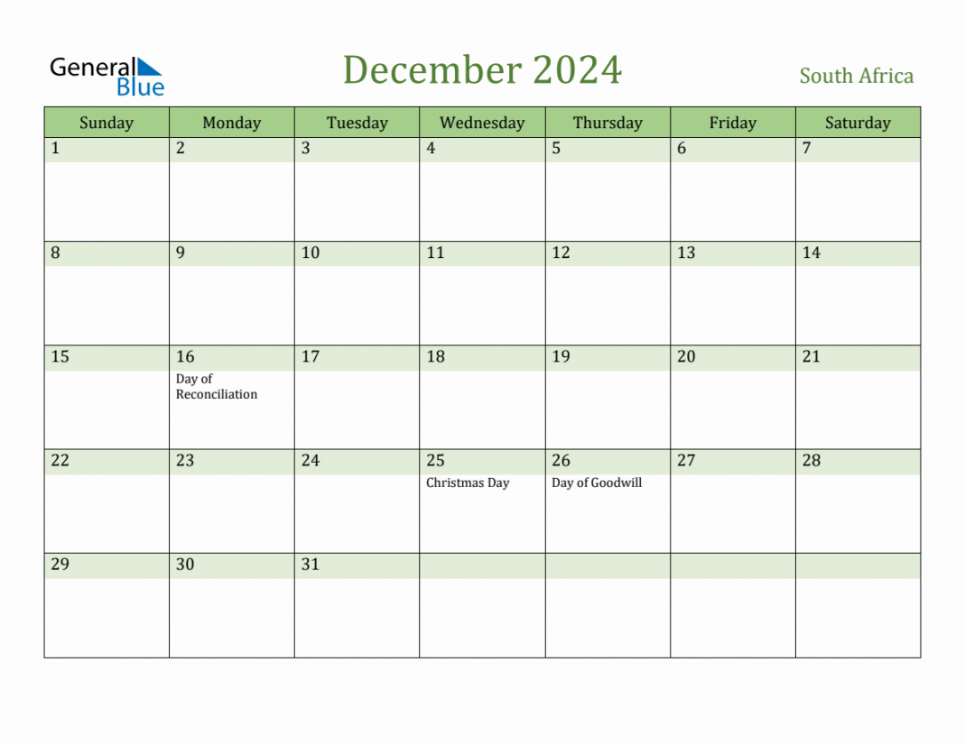 Fillable Holiday Calendar for South Africa - December