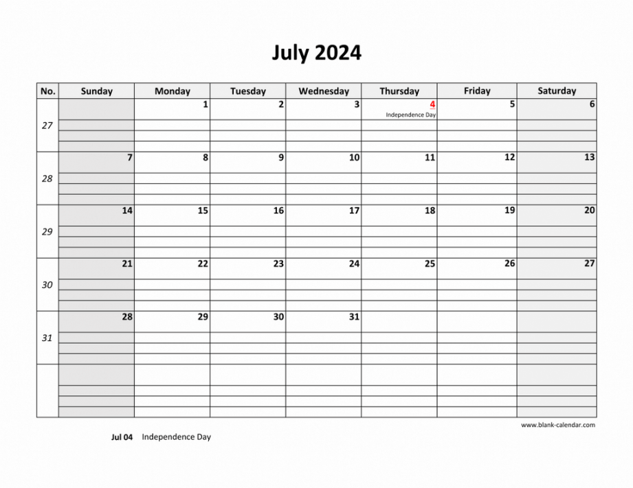 Free Download Printable July  Calendar, large box grid, space
