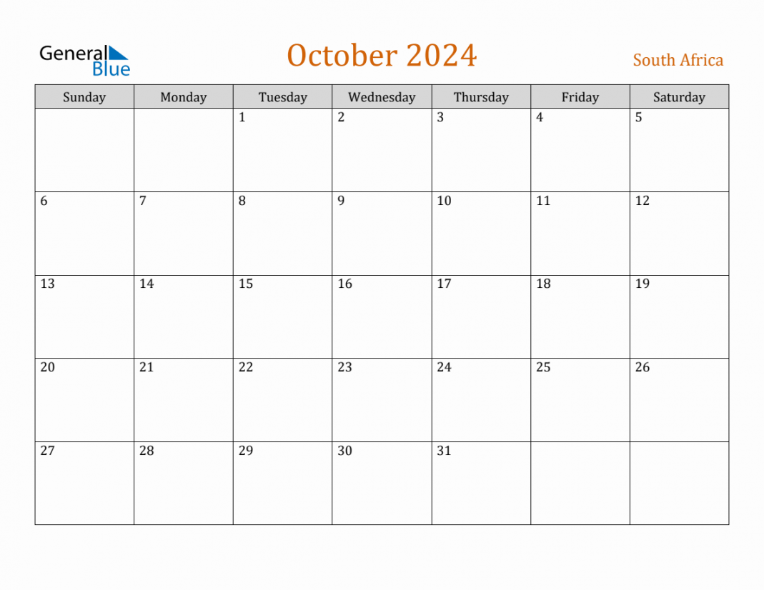 Free October  South Africa Calendar