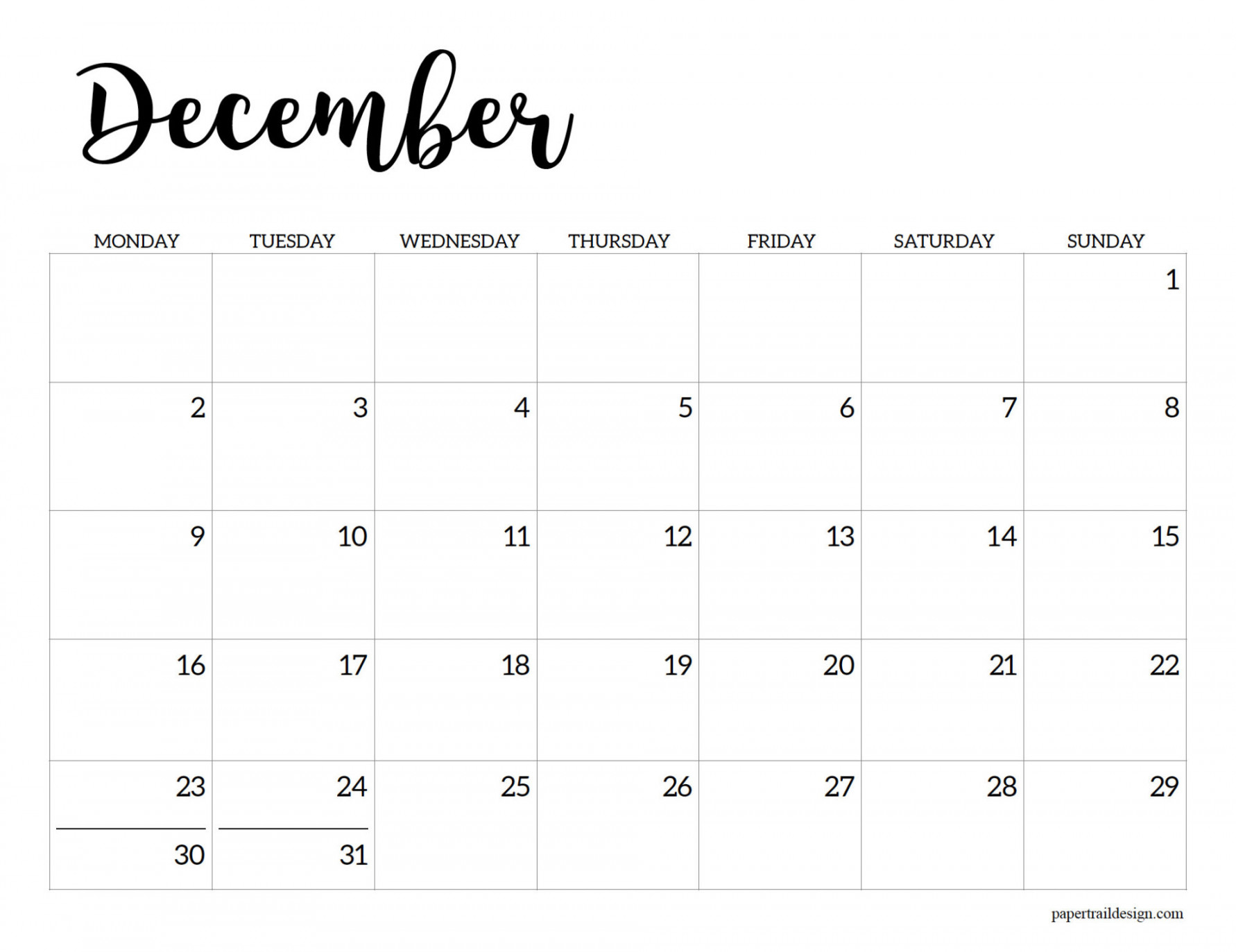 Free Printable  Calendar – Monday Start - Paper Trail Design