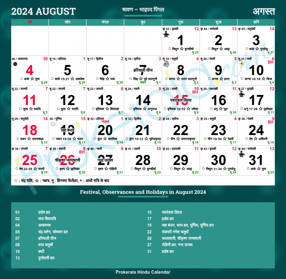 hindu calendar august