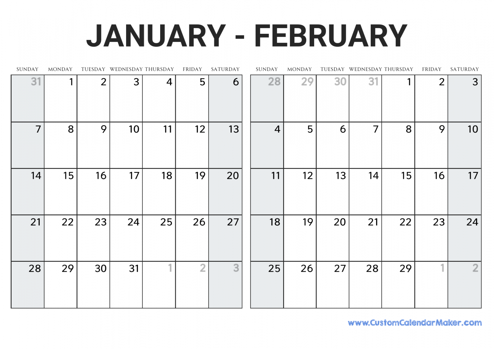 January and February  Printable Calendar Template