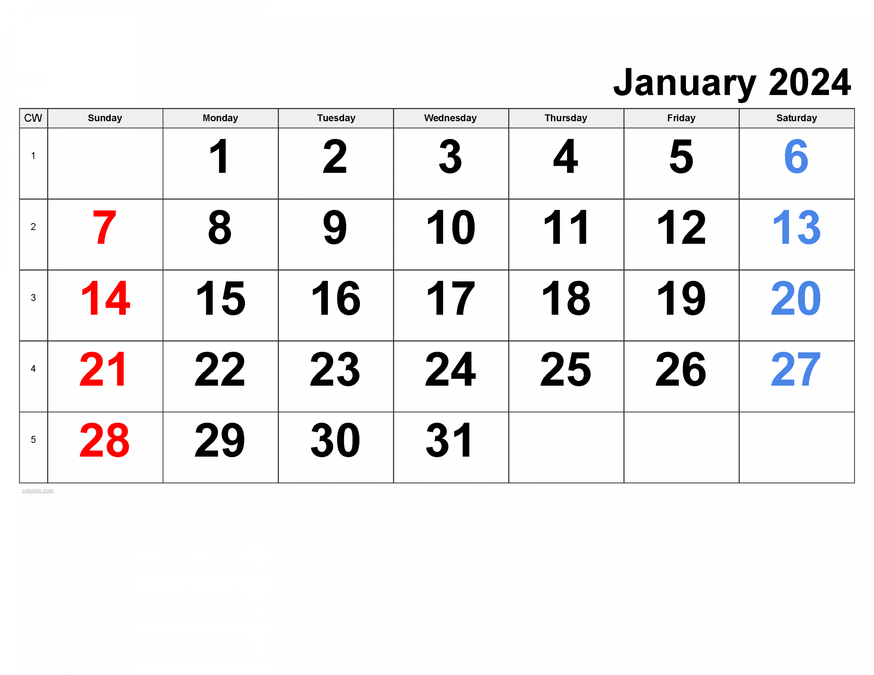 January  Calendar  Free Printable PDF, XLS and PNG