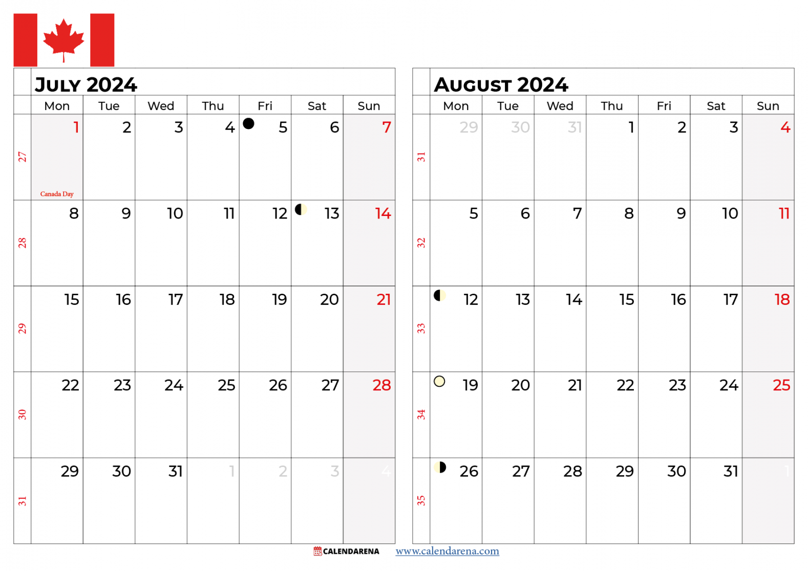 july august  calendar Canada in   Free printable calendar