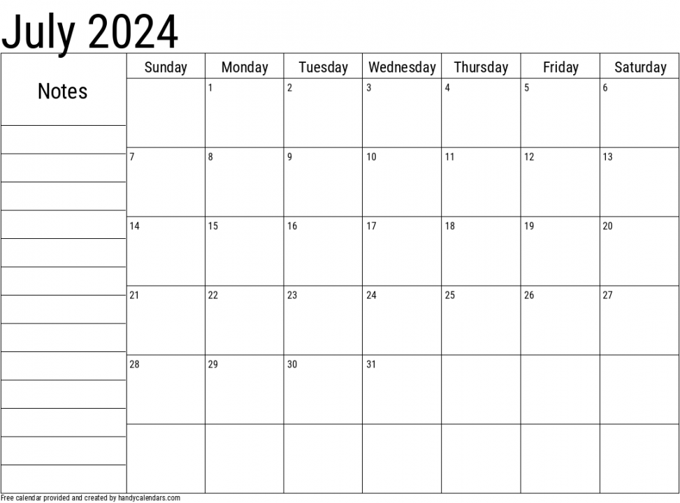 July  Calendar With Notes - Handy Calendars