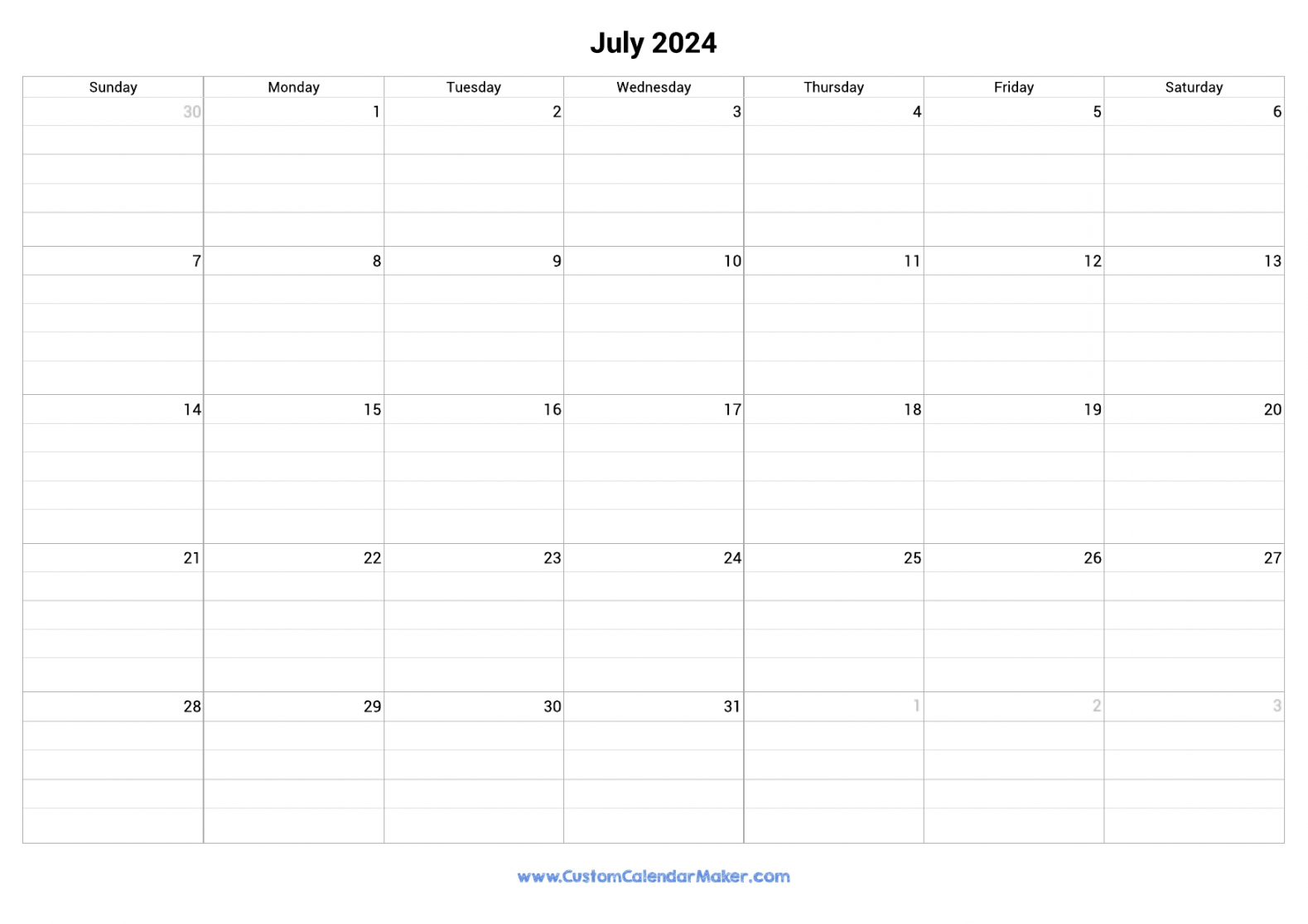 July  Fillable Calendar Grid With Lines