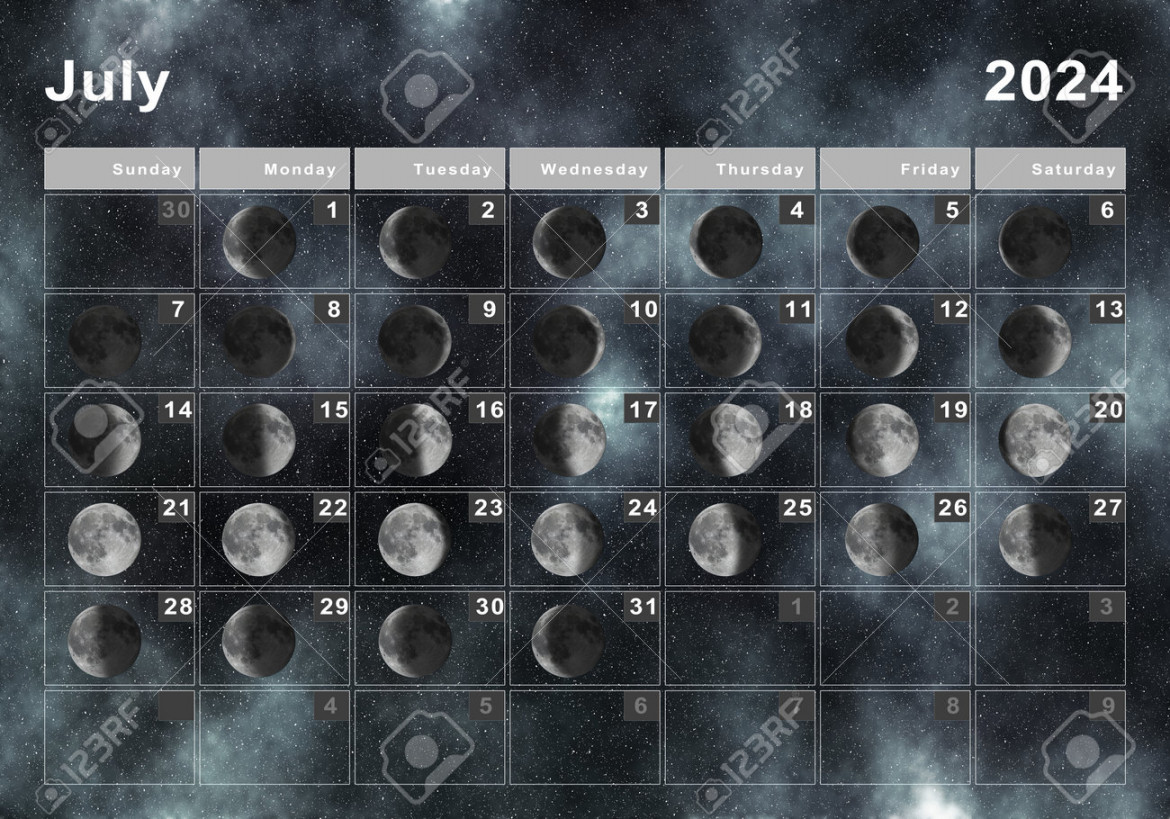 July  Lunar Calendar, Moon Cycles, Moon Phases Stock Photo