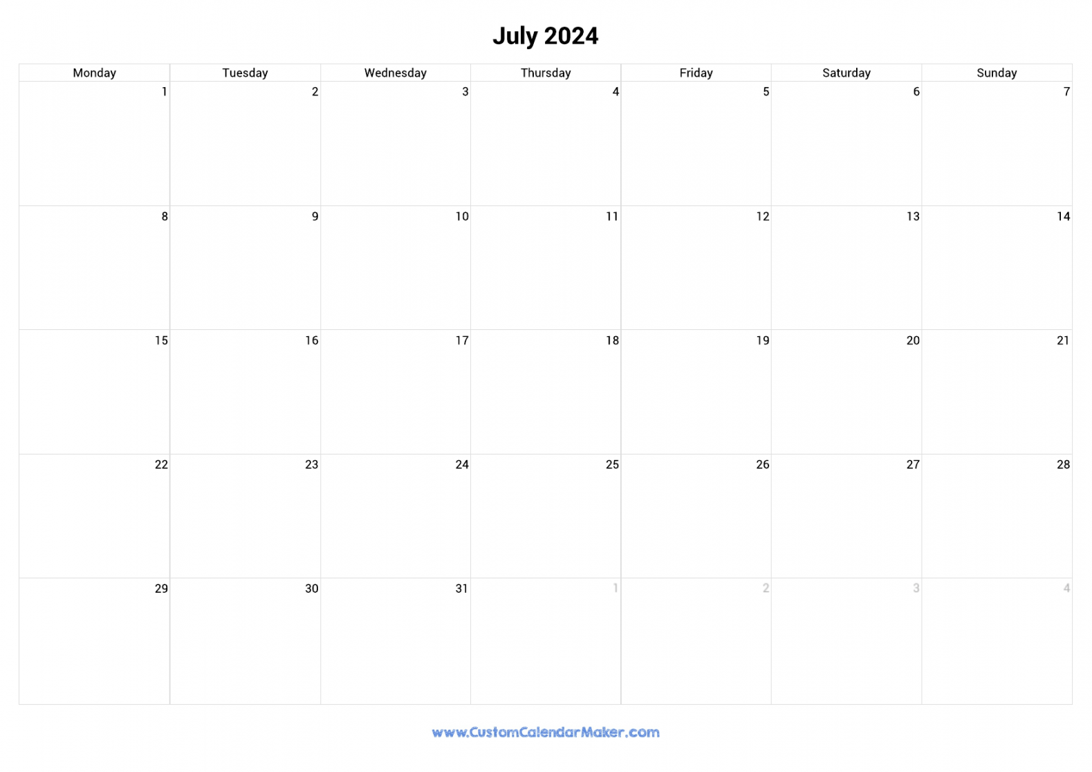 July  Monday Start Calendar  Monday to Sunday