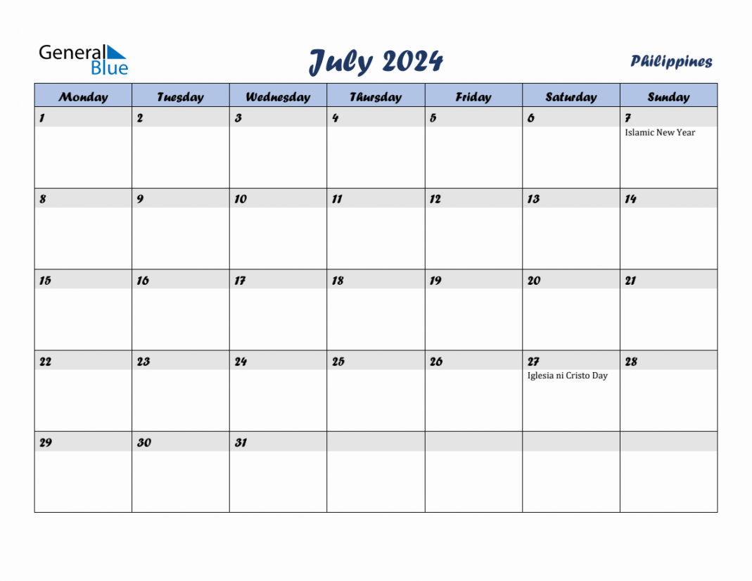 July  Monthly Calendar Template with Holidays for Philippines