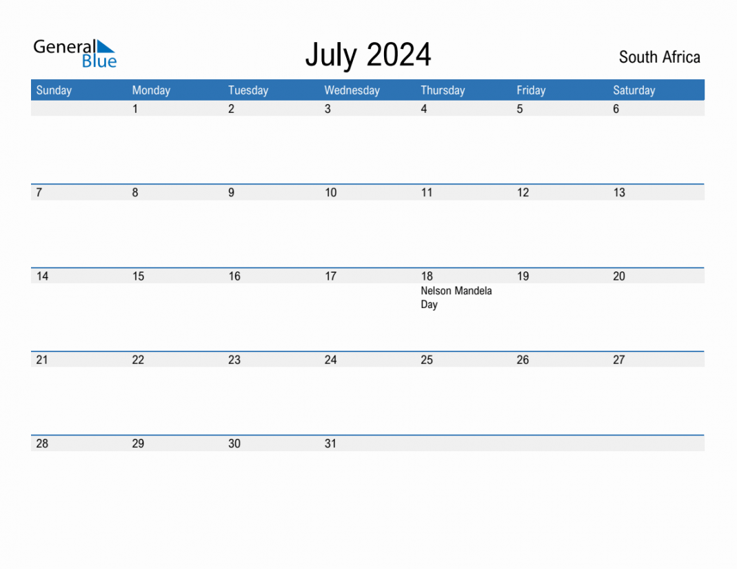 july monthly calendar with south africa holidays