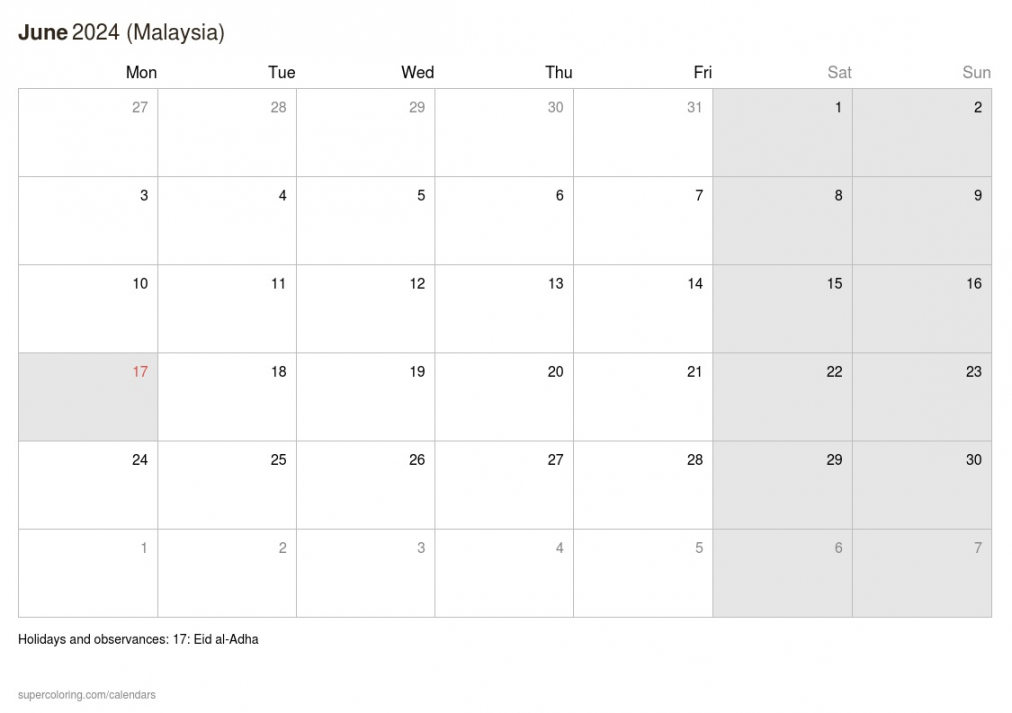 June  calendar - Malaysia