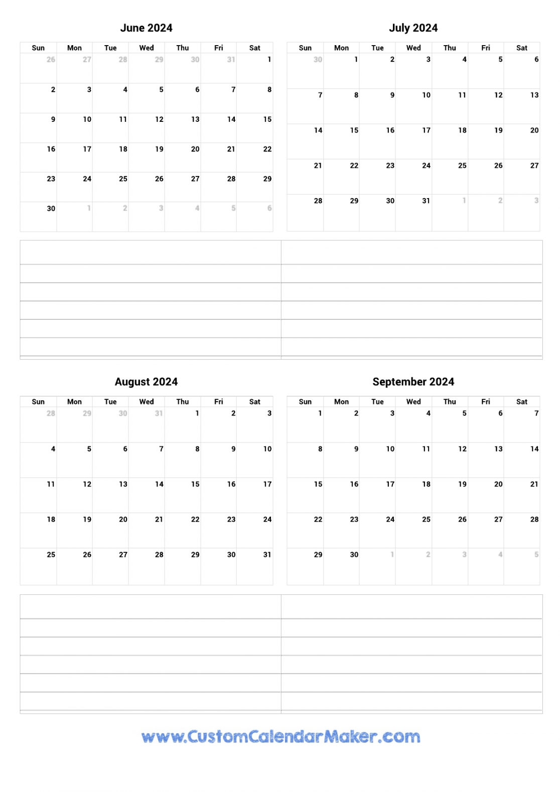 June to September  Printable Calendar