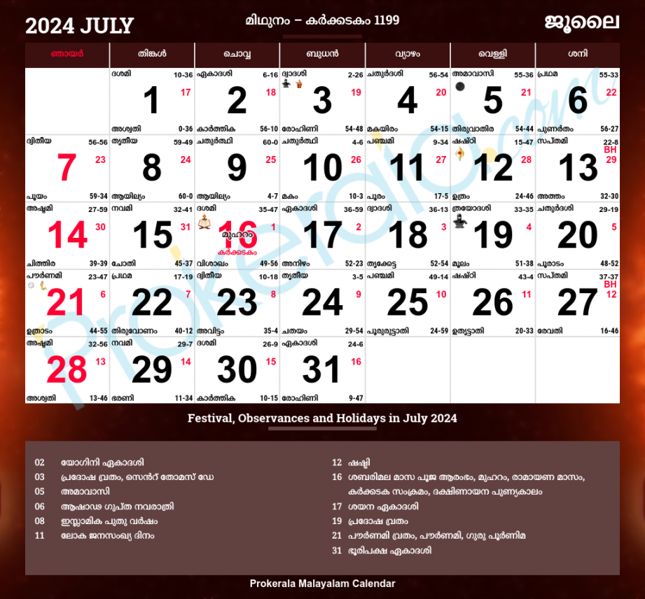 Malayalam Calendar , July