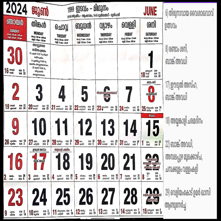 Malayalam  January calendar all important day - calendar Paper