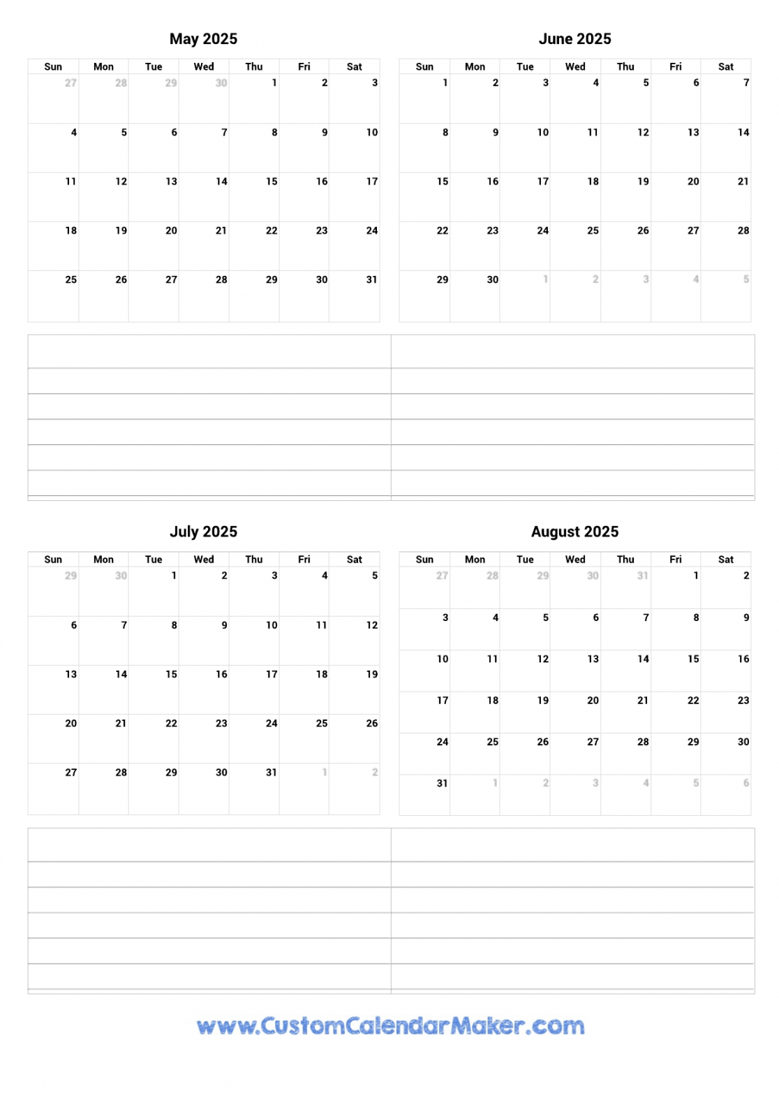 May to August  Printable Calendar