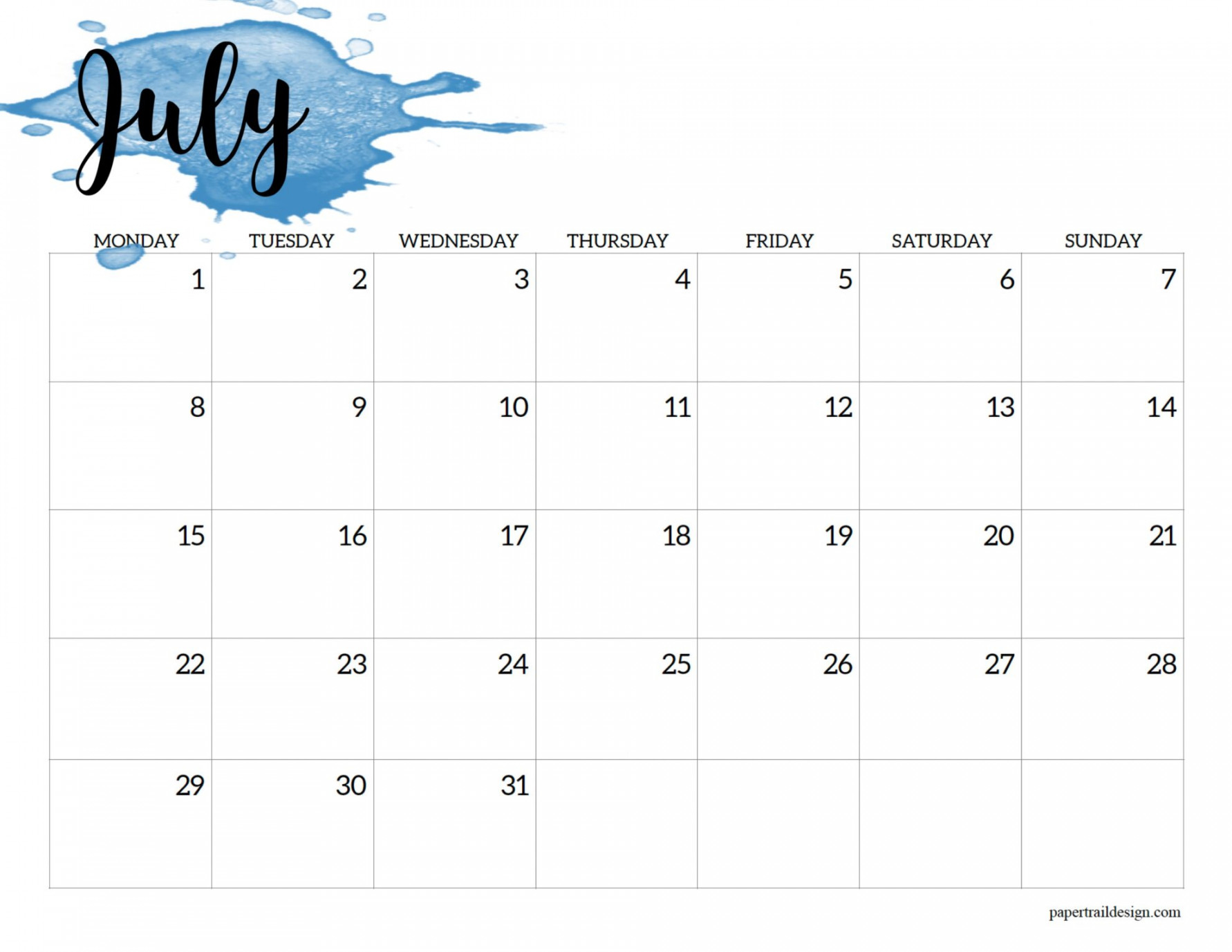 Monday Start Calendar Printable - Watercolor - Paper Trail Design