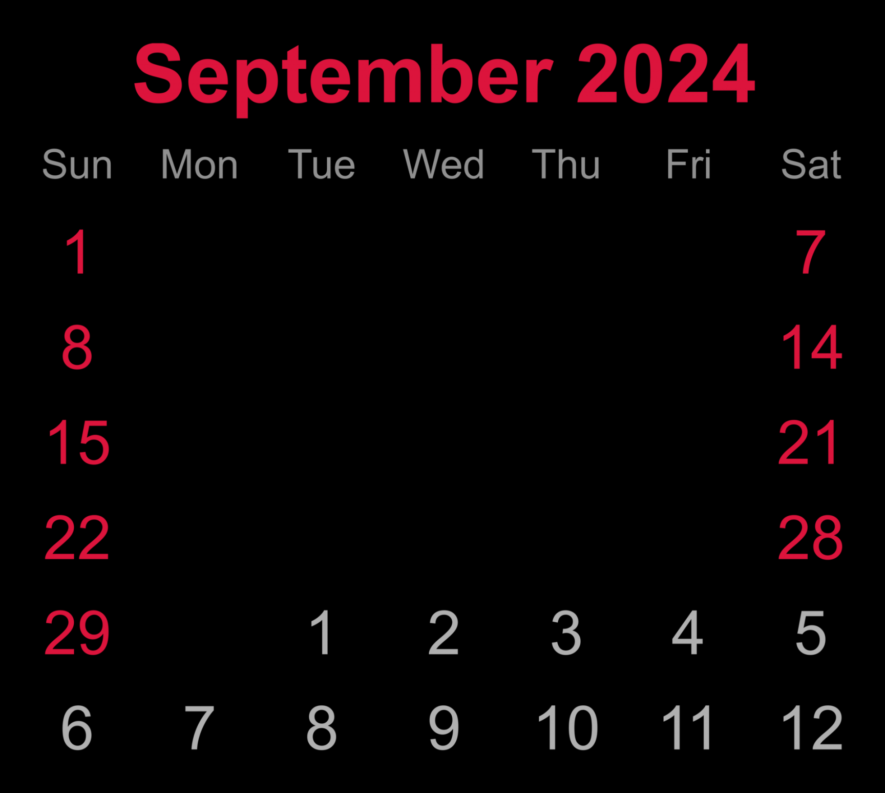 Monthly calendar of September  on transparent background
