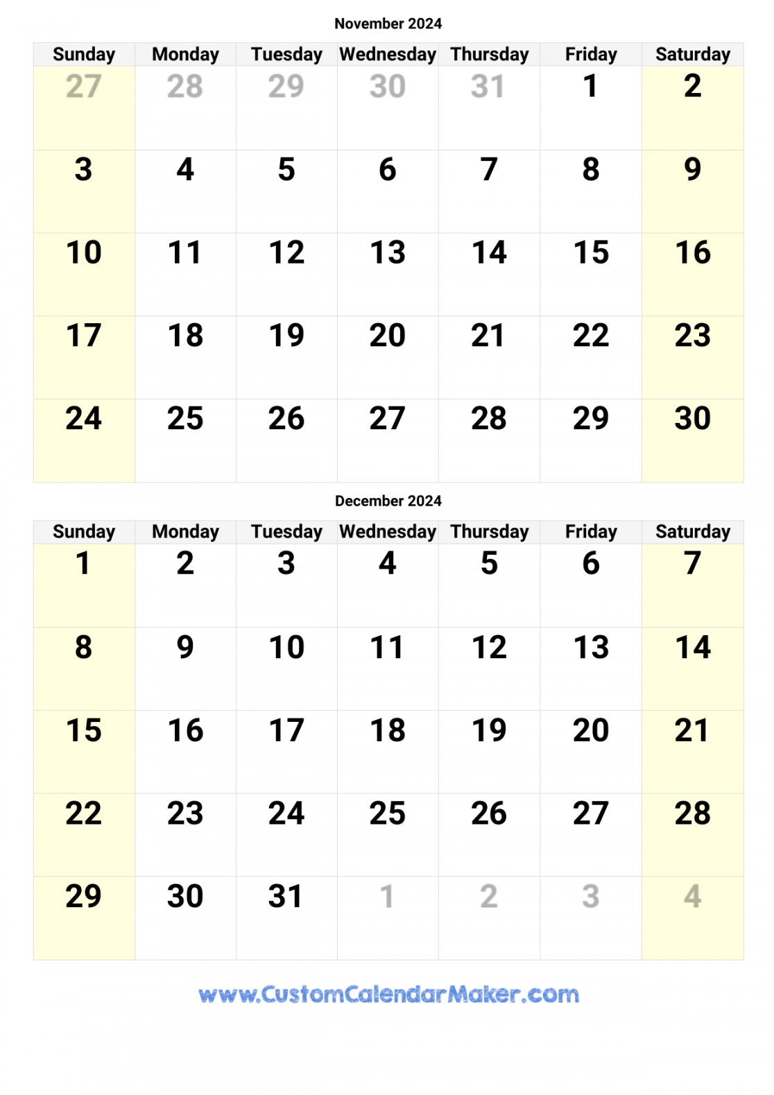 november and december printable calendar template 2