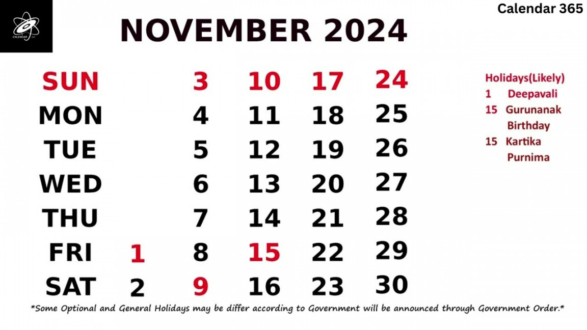 November Calendar  - November  Calendar with Holidays - India 📅  Calendar  📅