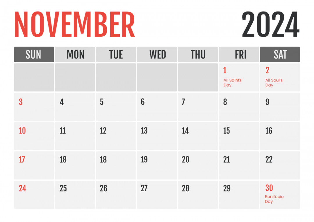 November  Calendar with Holidays Philippines Template - Edit