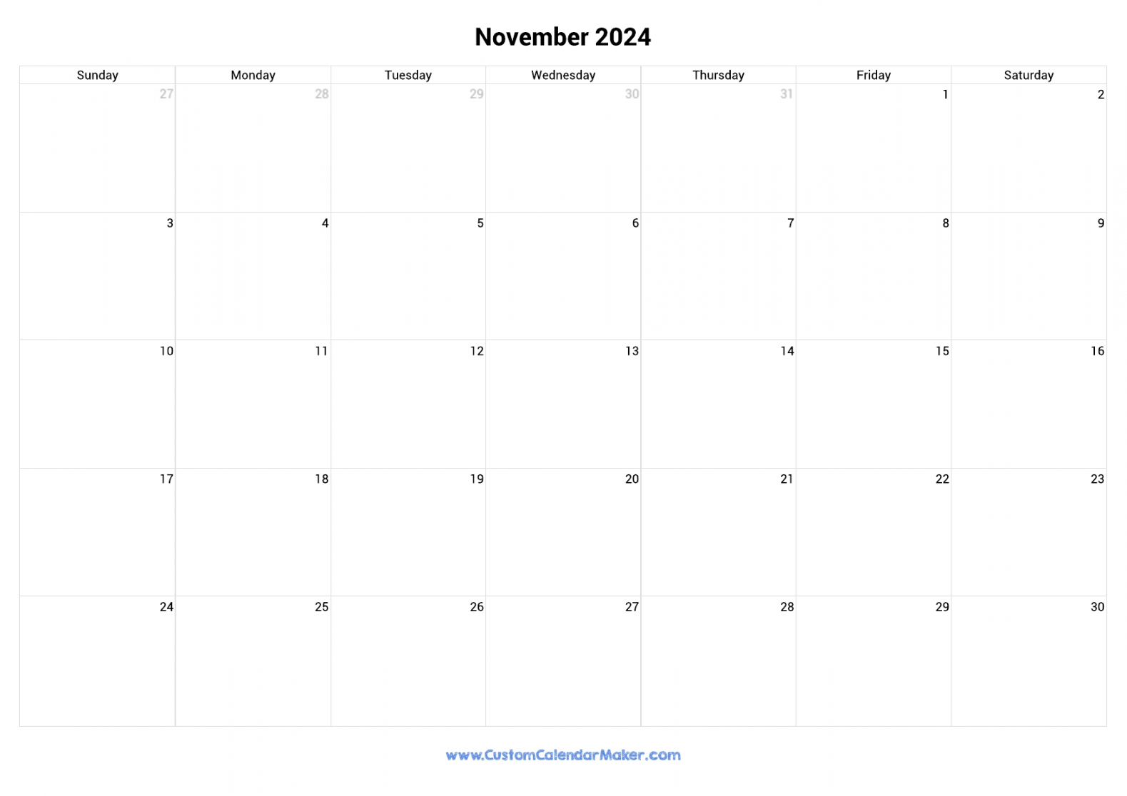 November  Jewish Calendar with Hebrew Holidays