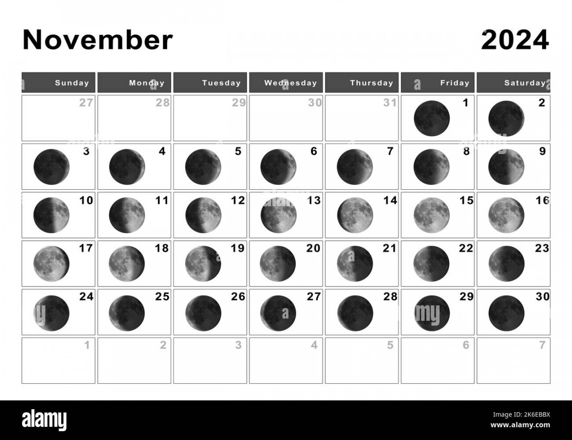 November  Lunar calendar, Moon cycles, Moon Phases Stock Photo
