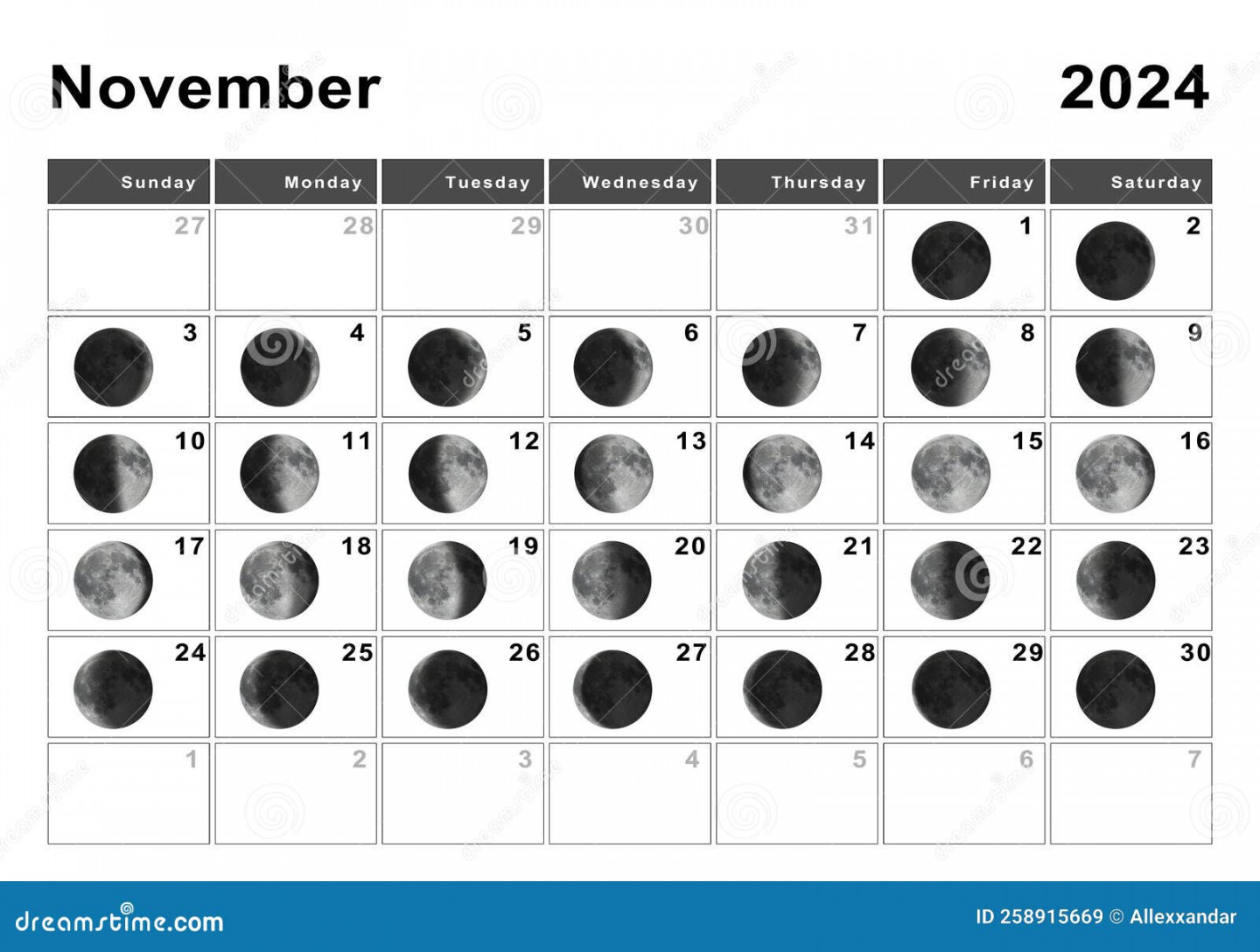 November  Lunar Calendar, Moon Cycles Stock Illustration