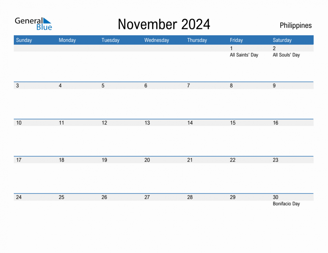 November  Monthly Calendar with Philippines Holidays