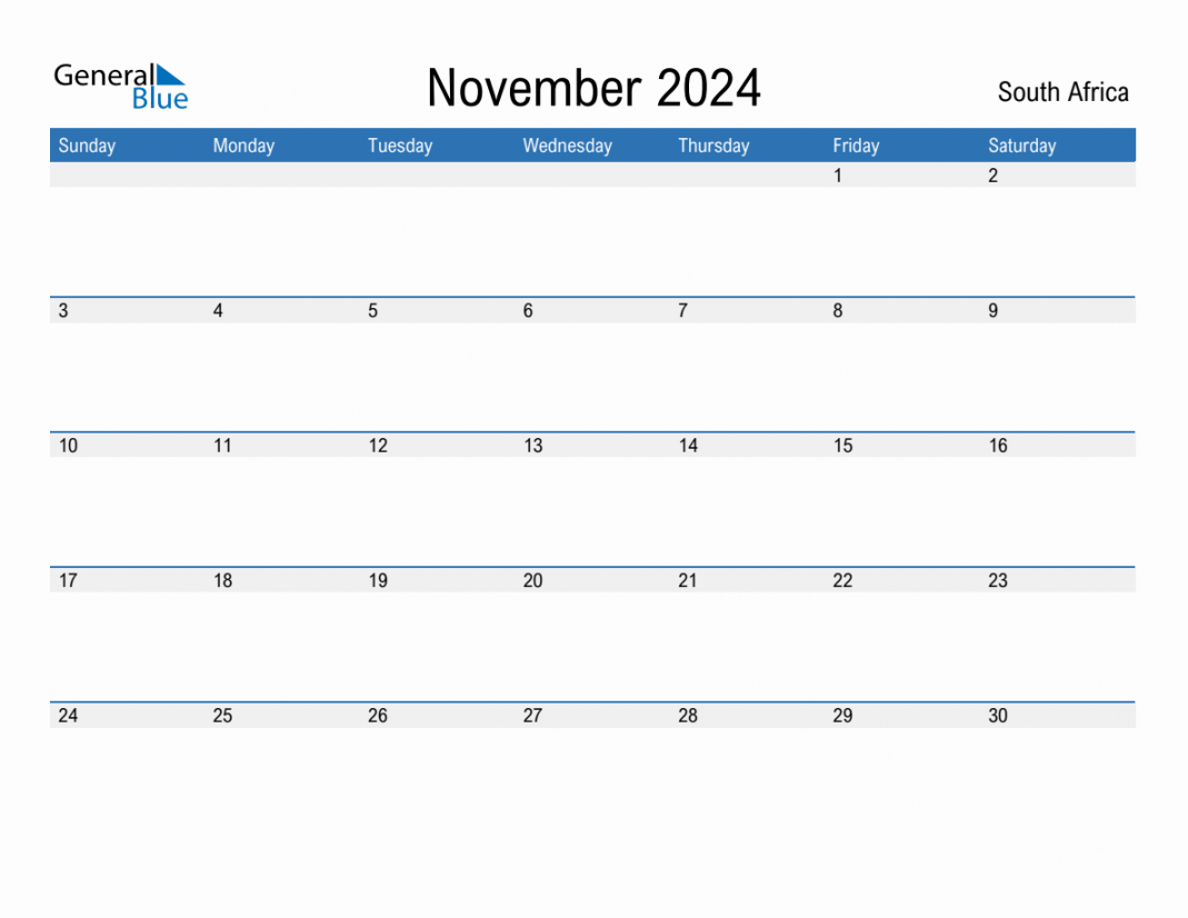 November  Monthly Calendar with South Africa Holidays