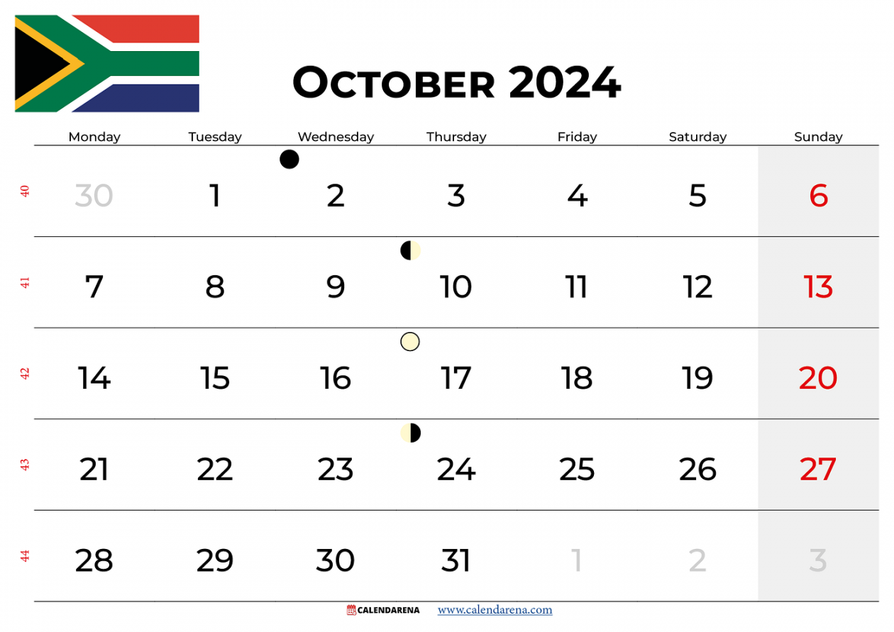 October  Calendar South Africa with holidays - hamouda chokri