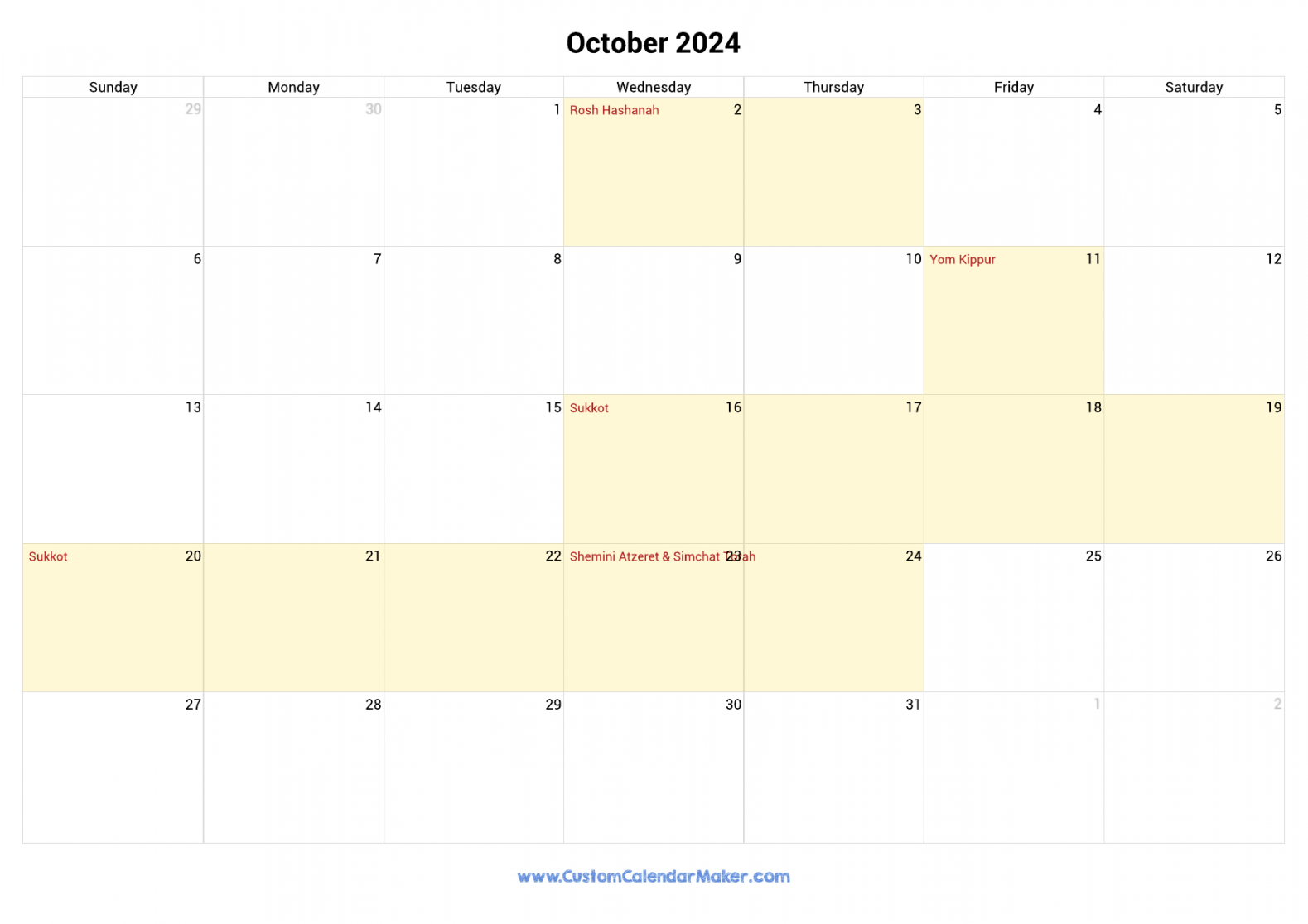 October  Jewish Calendar with Hebrew Holidays