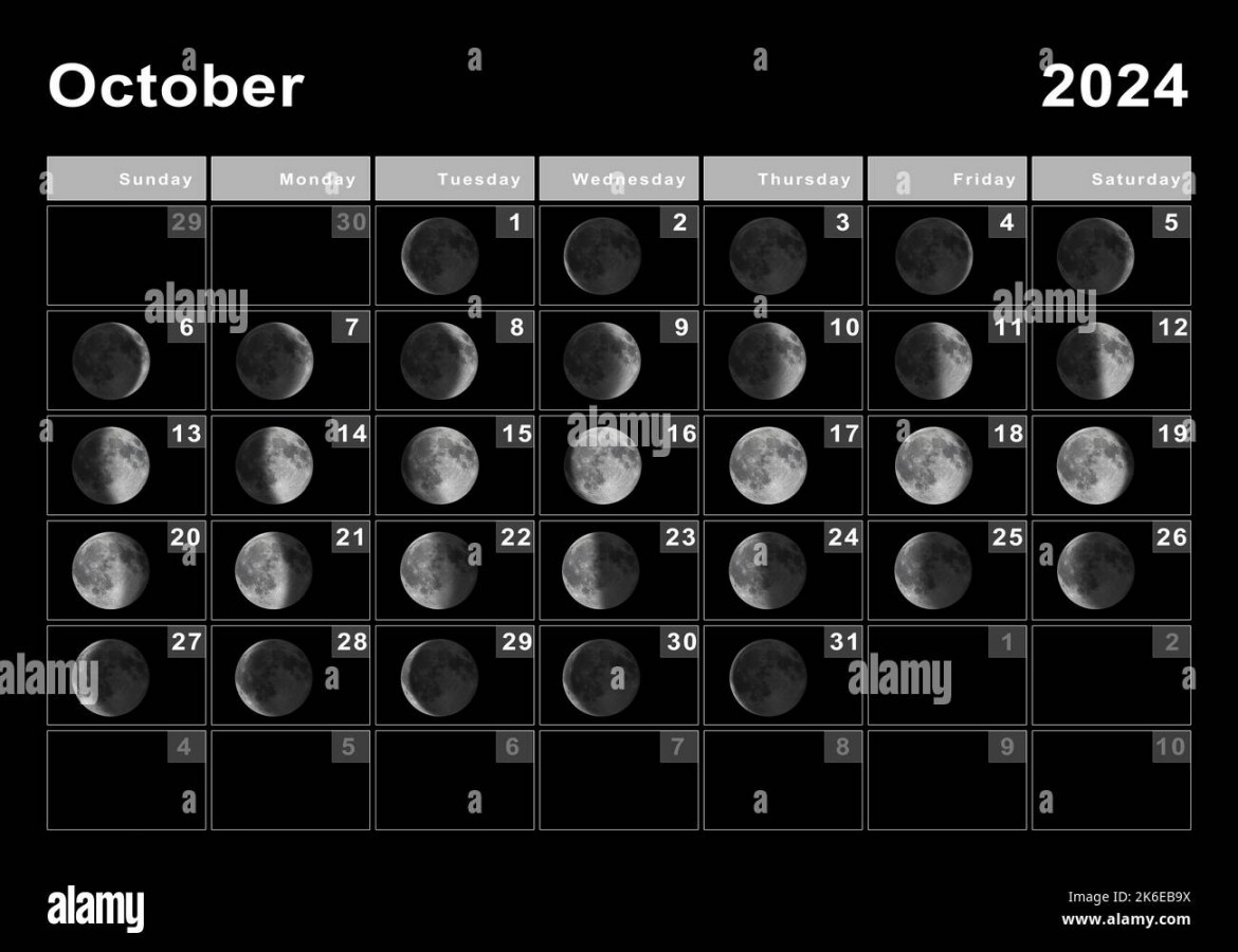October  Lunar calendar, Moon cycles, Moon Phases Stock Photo