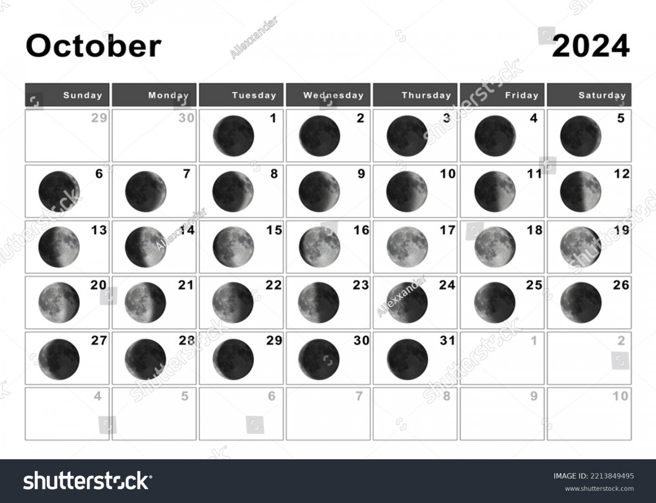 October  Lunar Calendar Moon Cycles Stock Illustration