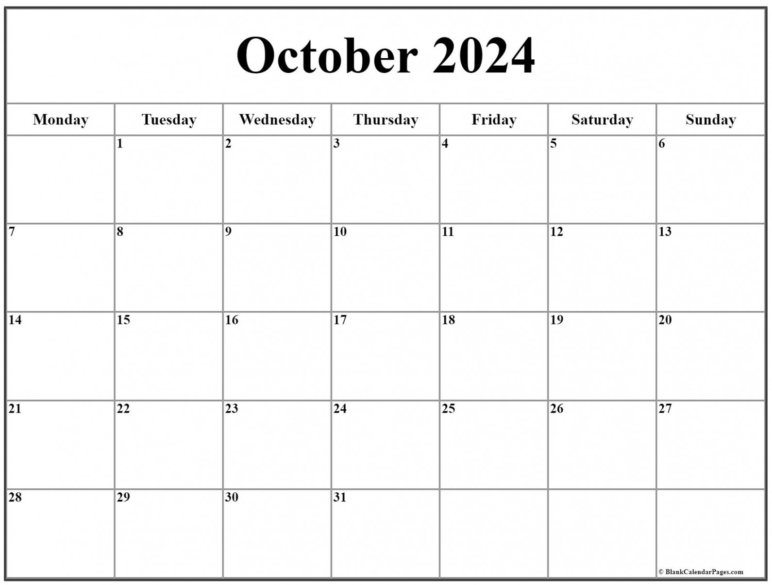 october monday calendar monday to sunday 0