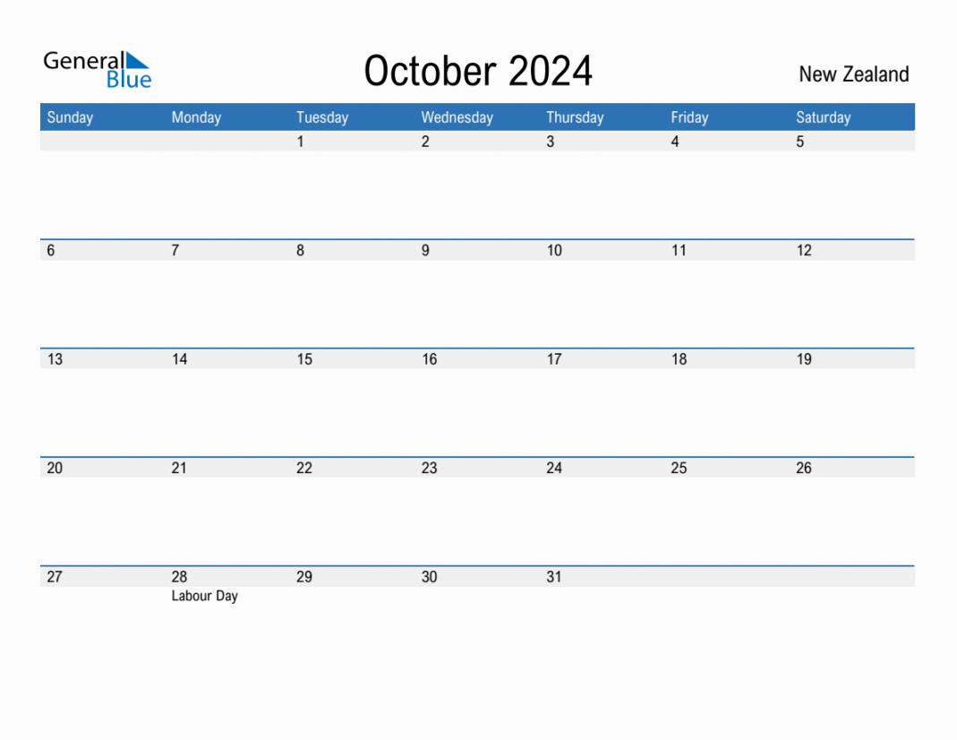 October  Monthly Calendar with New Zealand Holidays